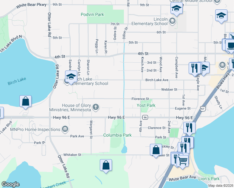 map of restaurants, bars, coffee shops, grocery stores, and more near 1744 Florence Street in White Bear Lake