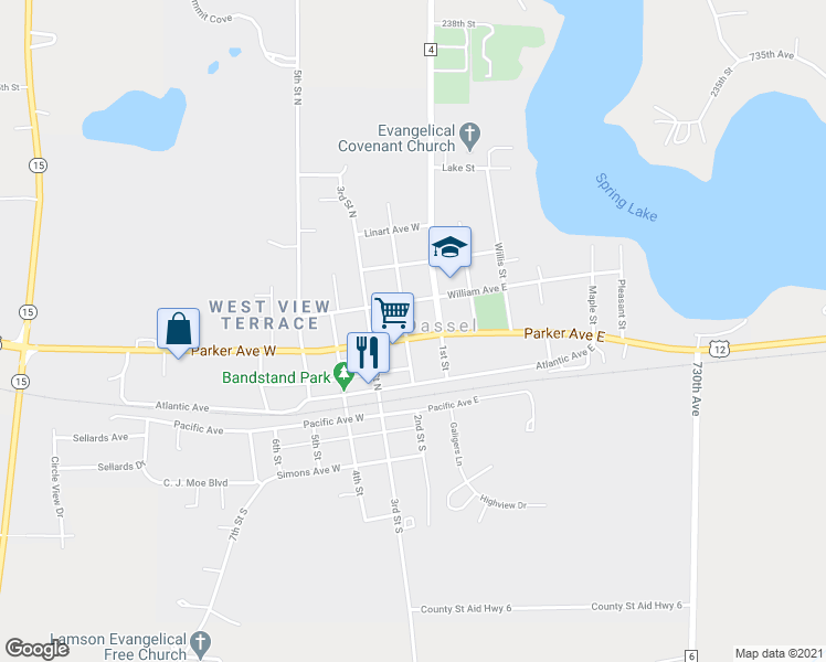 map of restaurants, bars, coffee shops, grocery stores, and more near 150 Parker Avenue West in Dassel