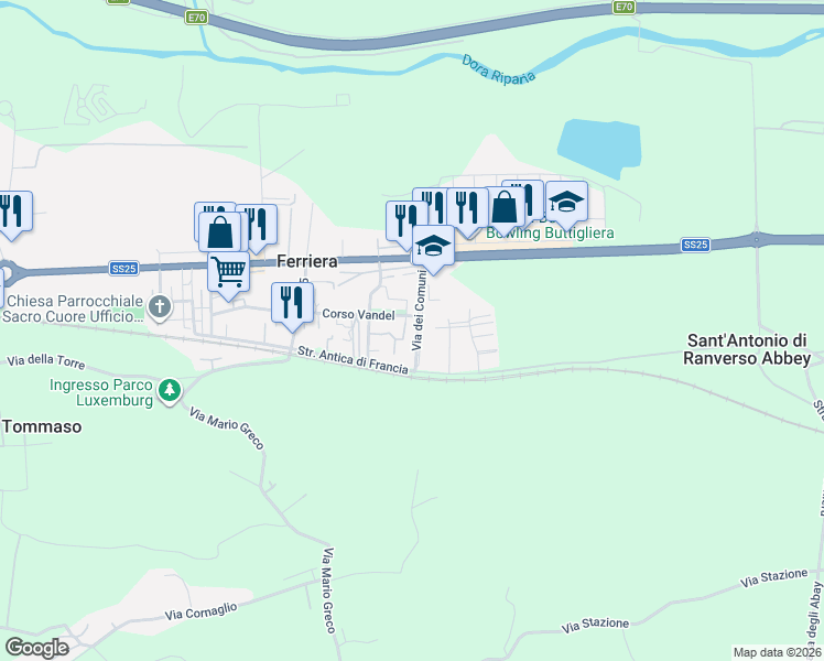 map of restaurants, bars, coffee shops, grocery stores, and more near 11 Via dei Comuni in Ferriera