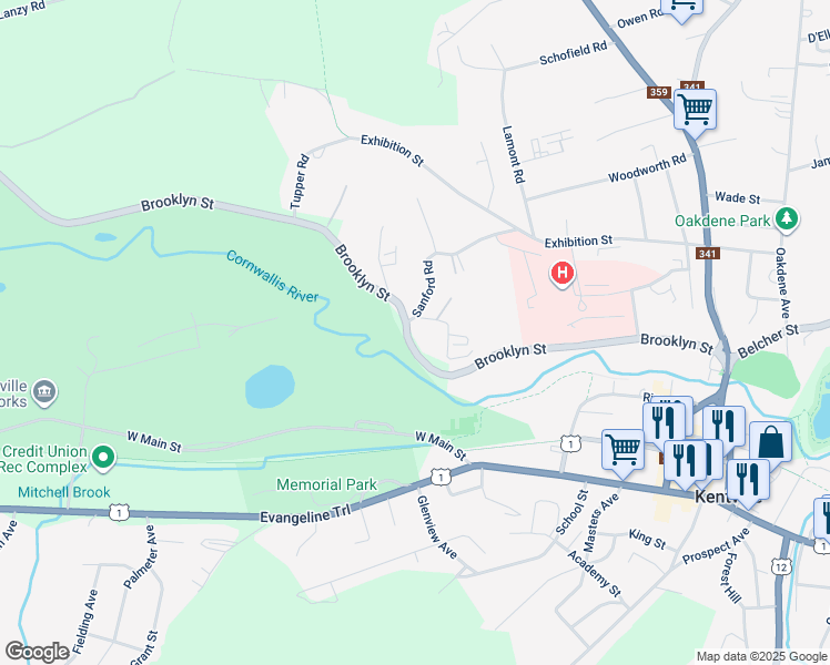 map of restaurants, bars, coffee shops, grocery stores, and more near 8521 Brooklyn Street in Kentville