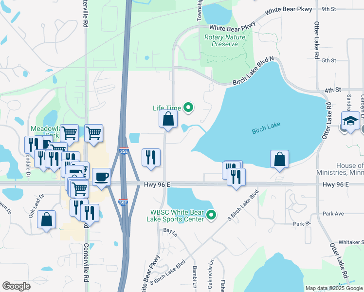 map of restaurants, bars, coffee shops, grocery stores, and more near 4700 Birch Cove Drive in White Bear Lake
