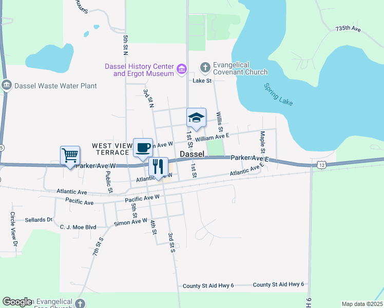 map of restaurants, bars, coffee shops, grocery stores, and more near in Dassel