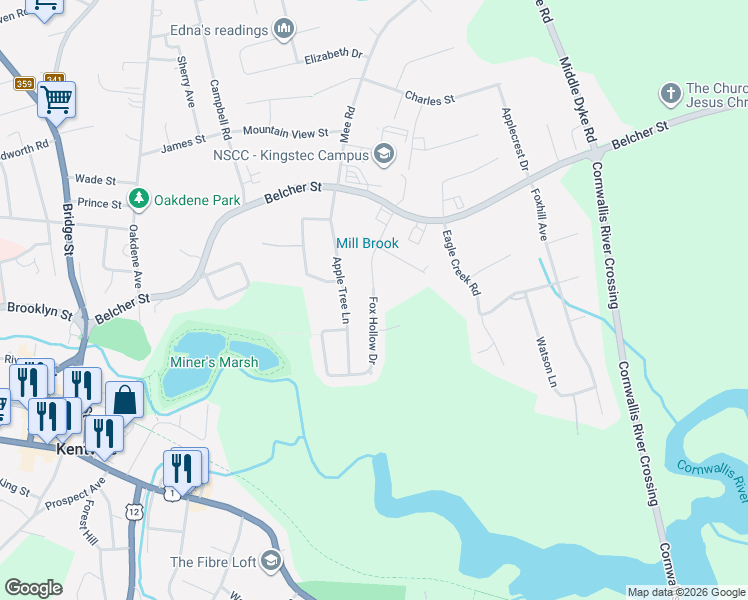 map of restaurants, bars, coffee shops, grocery stores, and more near 11 Fox Hollow Drive in Kentville