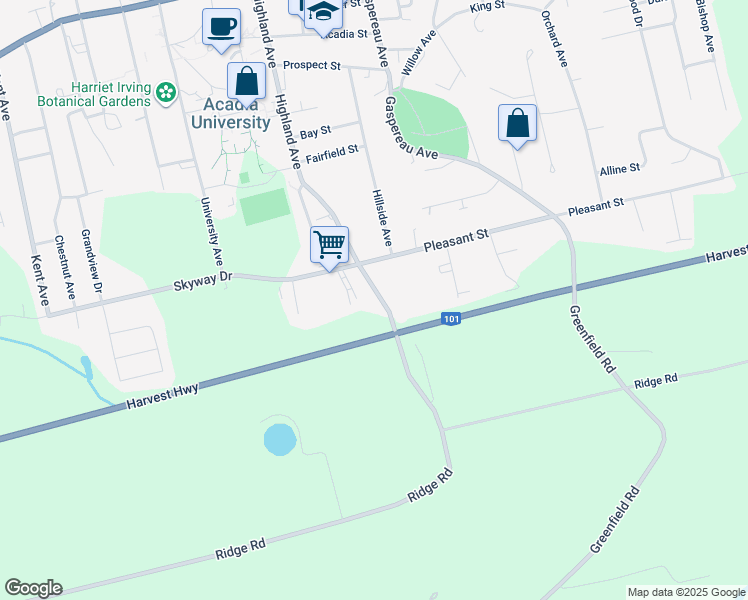 map of restaurants, bars, coffee shops, grocery stores, and more near 112 Highland Avenue in Wolfville