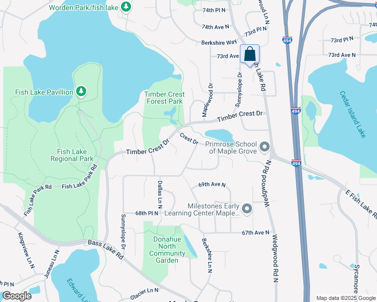 map of restaurants, bars, coffee shops, grocery stores, and more near 6904 Crest Drive in Osseo