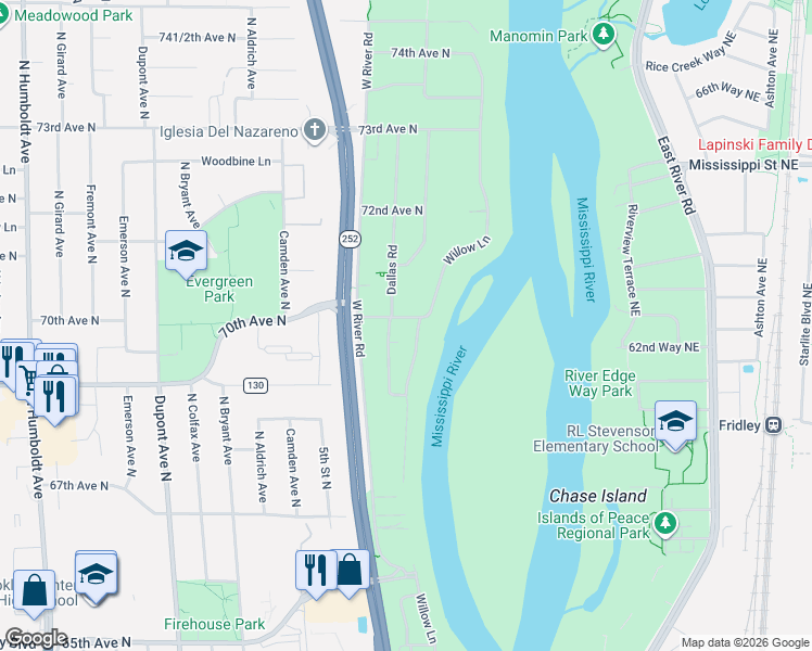 map of restaurants, bars, coffee shops, grocery stores, and more near 6925 Willow Lane in Brooklyn Center