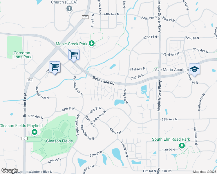 map of restaurants, bars, coffee shops, grocery stores, and more near 18090 69th Place North in Osseo