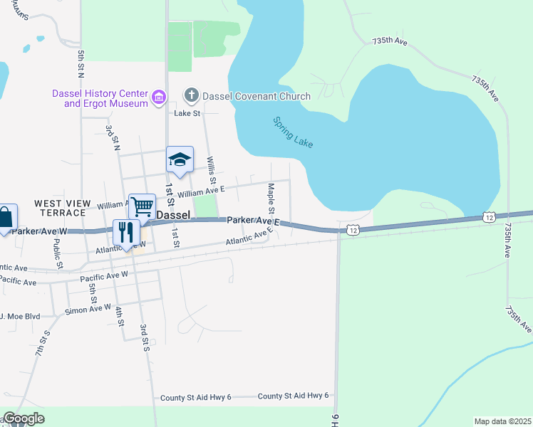 map of restaurants, bars, coffee shops, grocery stores, and more near 425 Atlantic Avenue East in Dassel