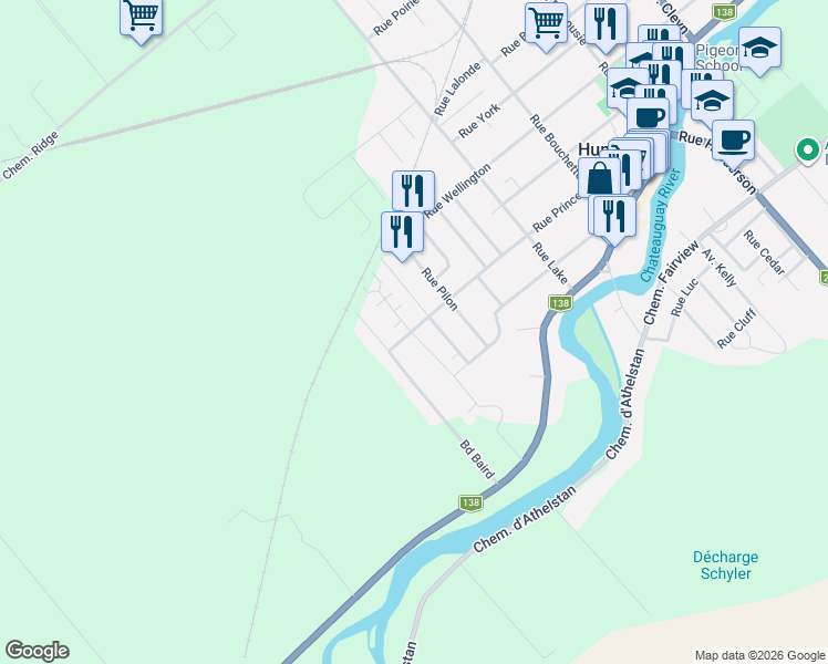 map of restaurants, bars, coffee shops, grocery stores, and more near 85 Rue Prince in Huntingdon