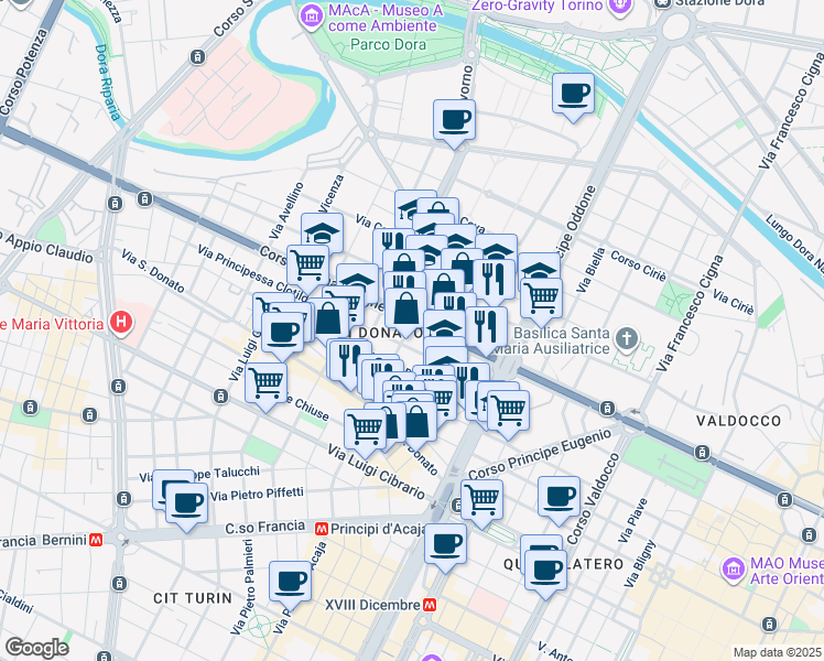 map of restaurants, bars, coffee shops, grocery stores, and more near 17 Via Principessa Clotilde in Turin