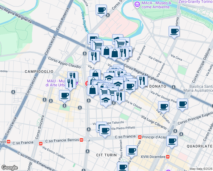 map of restaurants, bars, coffee shops, grocery stores, and more near 79-81 Via San Donato in Turin
