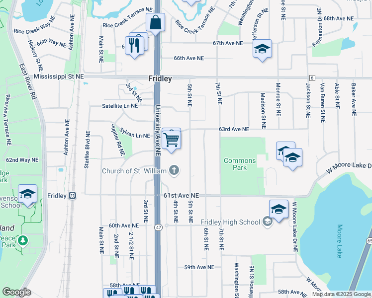 map of restaurants, bars, coffee shops, grocery stores, and more near 6234 5th Street Northeast in Fridley