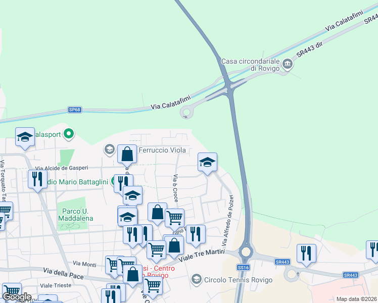 map of restaurants, bars, coffee shops, grocery stores, and more near 73 Via Mafalda di Savoia in Rovigo