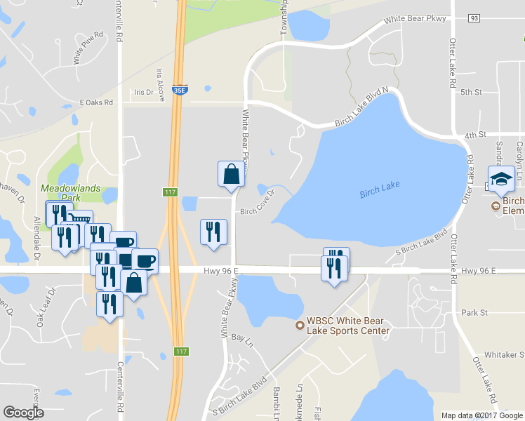 map of restaurants, bars, coffee shops, grocery stores, and more near 4700 Birch Cove Drive in White Bear Lake