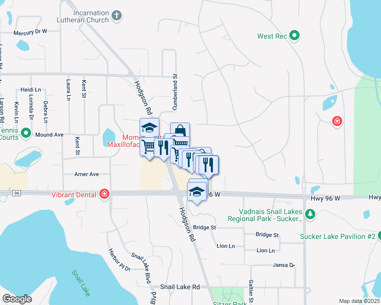 map of restaurants, bars, coffee shops, grocery stores, and more near 550 Village Center Drive in North Oaks