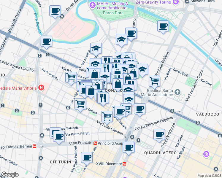 map of restaurants, bars, coffee shops, grocery stores, and more near None in Torino