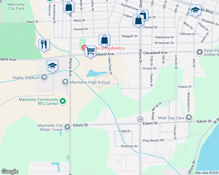 map of restaurants, bars, coffee shops, grocery stores, and more near 1011 Mallard Way in Marinette