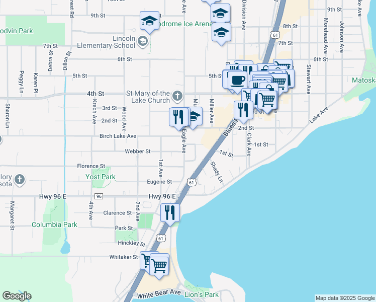 map of restaurants, bars, coffee shops, grocery stores, and more near 2068 1st Street in White Bear Lake