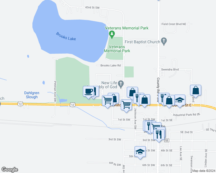 map of restaurants, bars, coffee shops, grocery stores, and more near 185 Sunset Avenue North in Cokato