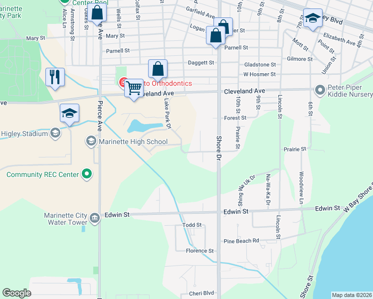 map of restaurants, bars, coffee shops, grocery stores, and more near in Marinette
