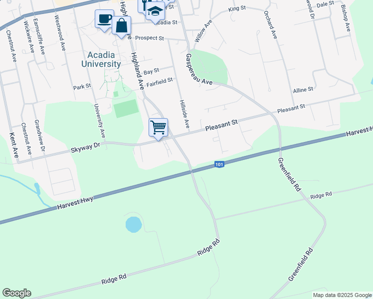 map of restaurants, bars, coffee shops, grocery stores, and more near 113 Highland Avenue in Wolfville