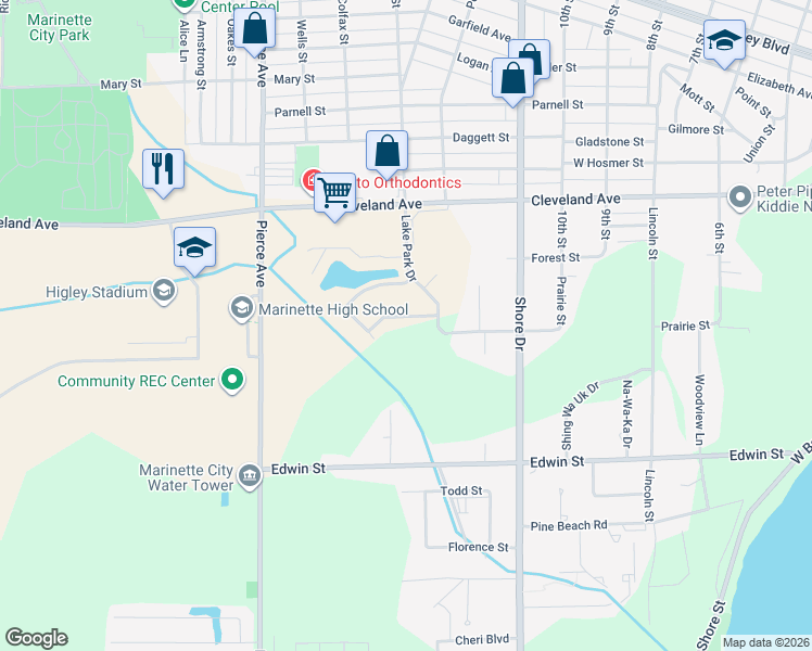 map of restaurants, bars, coffee shops, grocery stores, and more near 1011 Mallard Way in Marinette