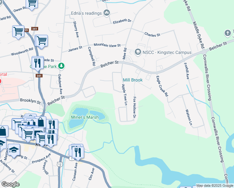 map of restaurants, bars, coffee shops, grocery stores, and more near 57 Blossom Drive in Kentville