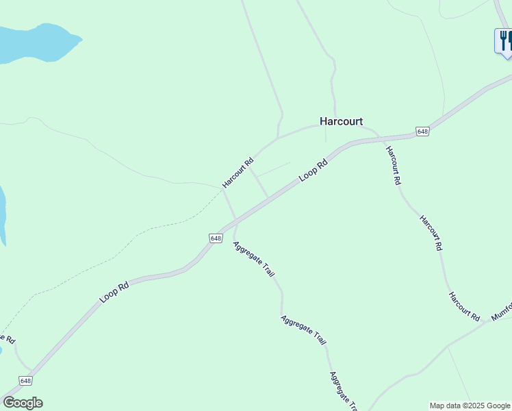 map of restaurants, bars, coffee shops, grocery stores, and more near 3875 Haliburton County Road 648 in Harcourt
