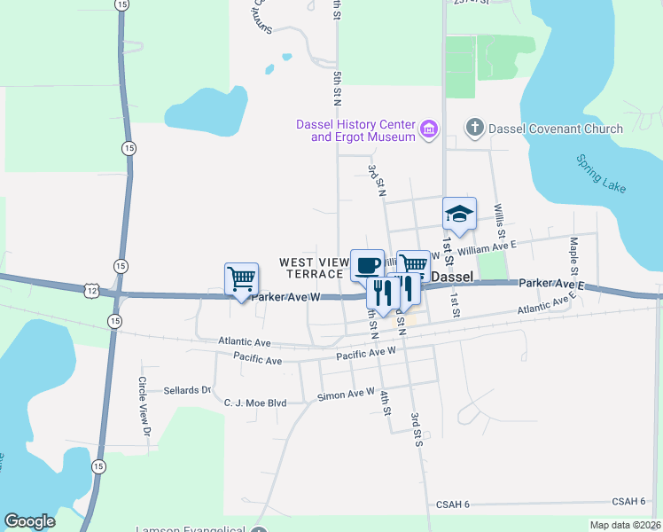 map of restaurants, bars, coffee shops, grocery stores, and more near 621 5th Street North in Dassel