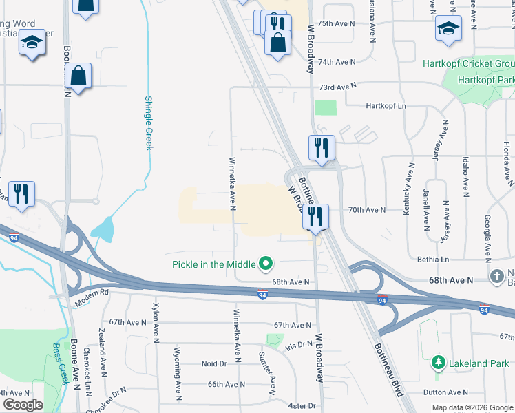 map of restaurants, bars, coffee shops, grocery stores, and more near 7050 Winnetka Avenue North in Minneapolis