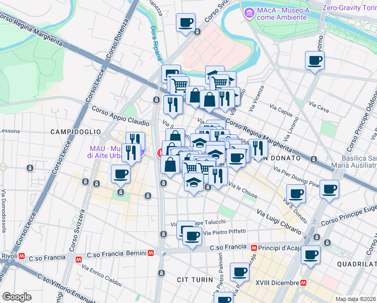 map of restaurants, bars, coffee shops, grocery stores, and more near 79-81 Via San Donato in Turin