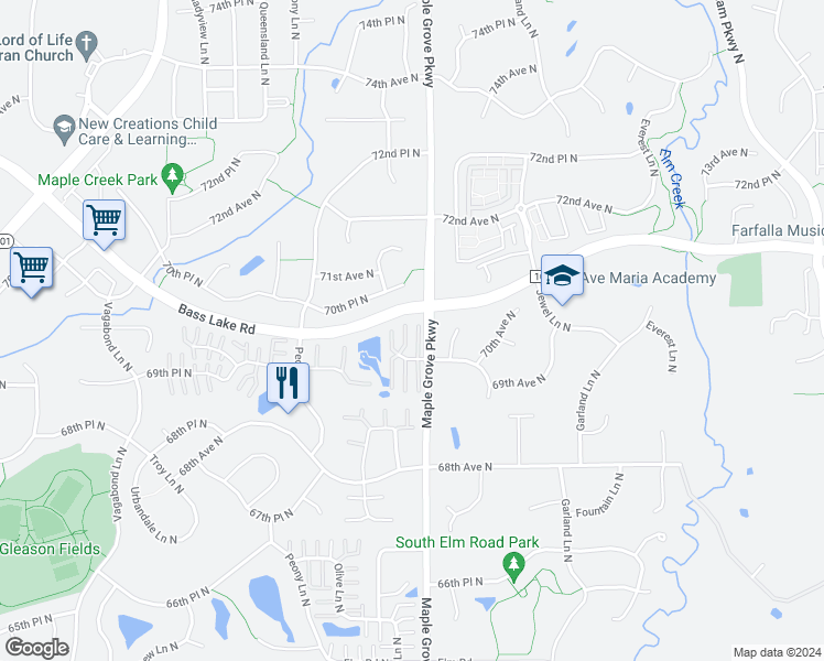 map of restaurants, bars, coffee shops, grocery stores, and more near 17564 69th Place North in Osseo