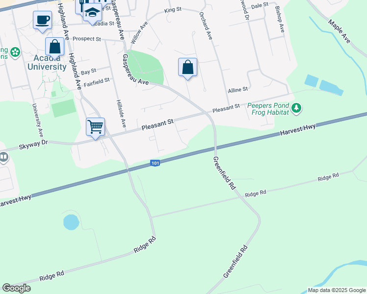 map of restaurants, bars, coffee shops, grocery stores, and more near 9 Riverview Avenue in Wolfville