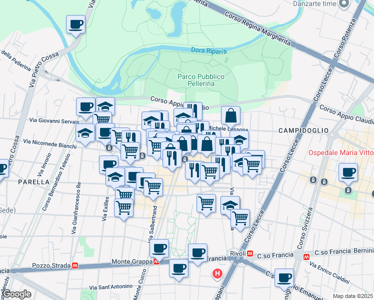 map of restaurants, bars, coffee shops, grocery stores, and more near 100 Corso Monte Grappa in Torino