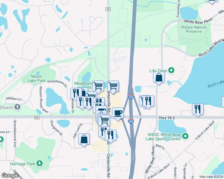 map of restaurants, bars, coffee shops, grocery stores, and more near 4650 Centerville Road in White Bear Lake