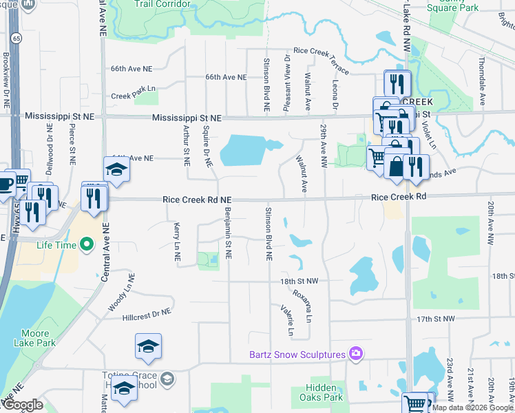 map of restaurants, bars, coffee shops, grocery stores, and more near 1631 Rice Creek Road Northeast in Fridley