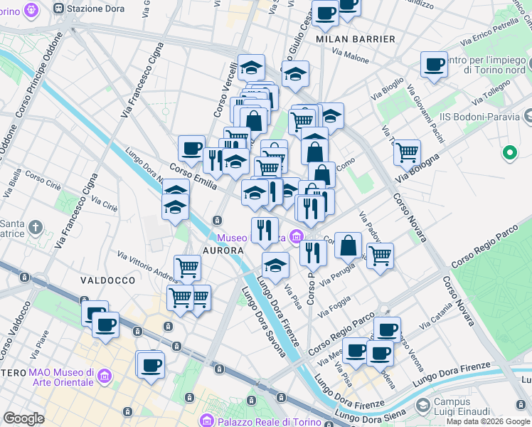 map of restaurants, bars, coffee shops, grocery stores, and more near 16 Via Aosta in Turin