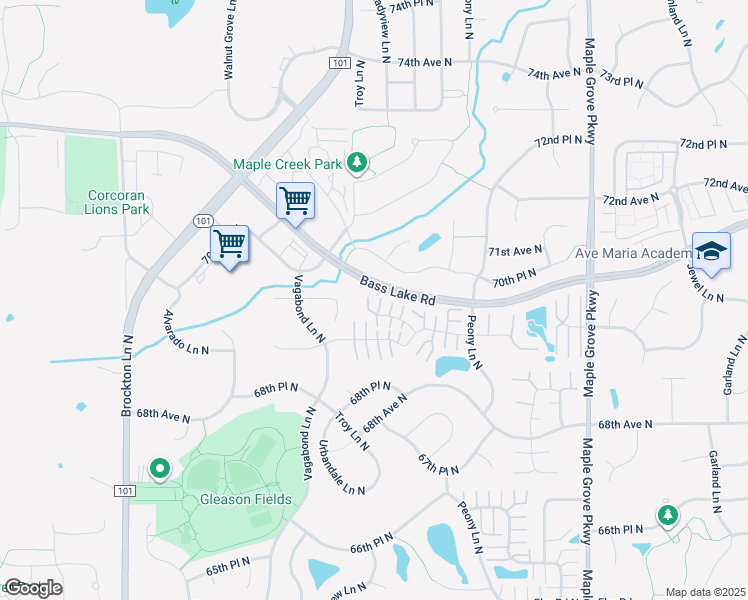 map of restaurants, bars, coffee shops, grocery stores, and more near 18192 70th Avenue North in Osseo