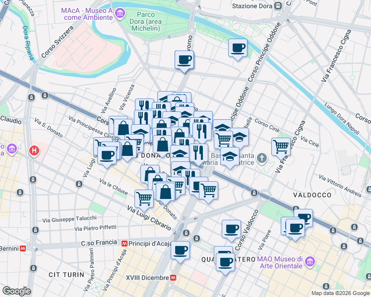 map of restaurants, bars, coffee shops, grocery stores, and more near 11 Via Don Bosco in Turin