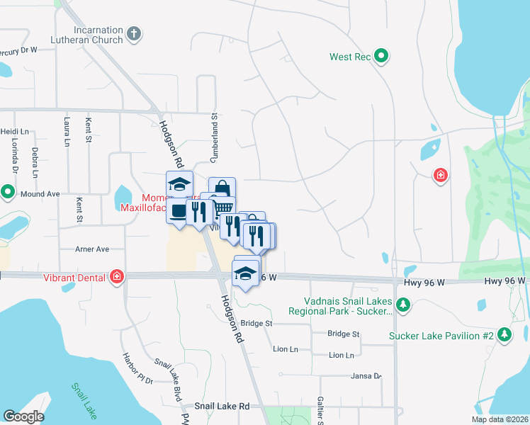 map of restaurants, bars, coffee shops, grocery stores, and more near 300 Village Center Drive in North Oaks