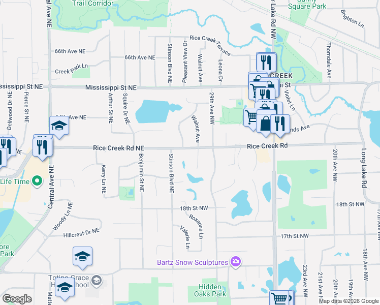 map of restaurants, bars, coffee shops, grocery stores, and more near 2003 Pleasant View Drive in New Brighton