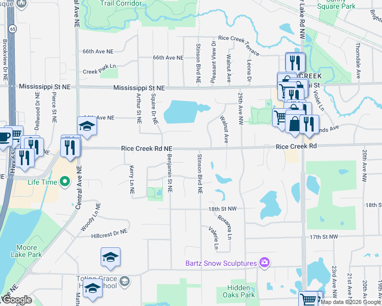 map of restaurants, bars, coffee shops, grocery stores, and more near 1631 Rice Creek Road Northeast in Fridley