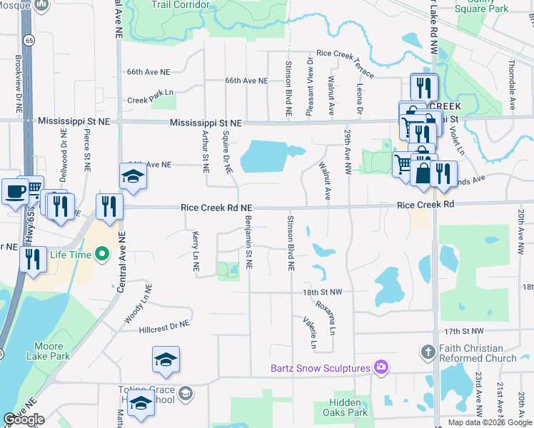 map of restaurants, bars, coffee shops, grocery stores, and more near 1613 Rice Creek Road Northeast in Minneapolis