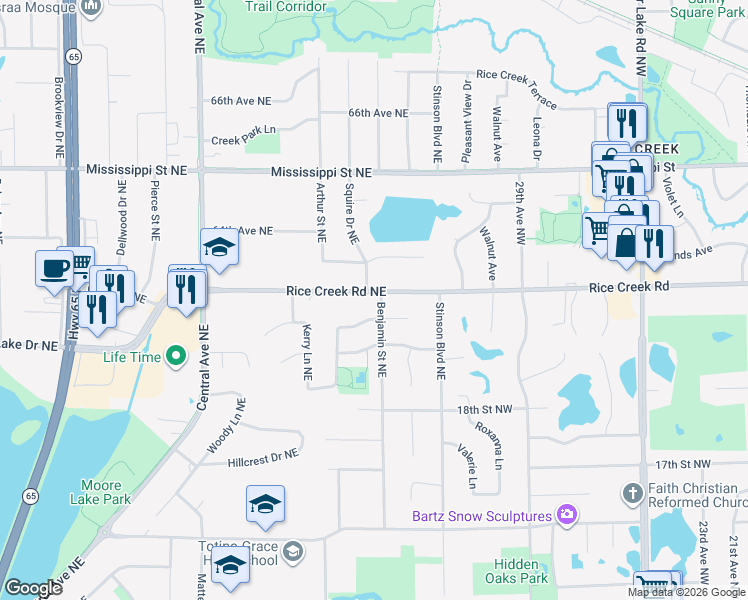 map of restaurants, bars, coffee shops, grocery stores, and more near 1561 Rice Creek Road Northeast in Fridley