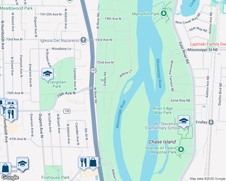 map of restaurants, bars, coffee shops, grocery stores, and more near 7012 Dallas Road in Minneapolis