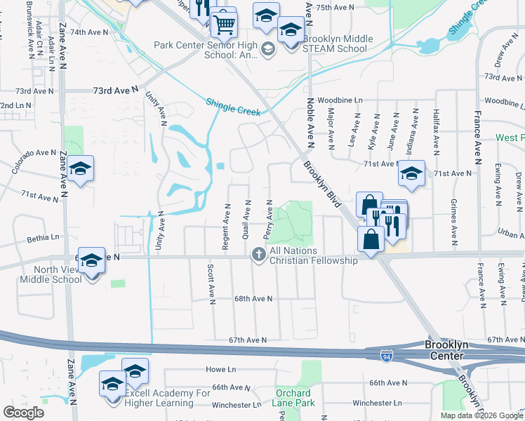 map of restaurants, bars, coffee shops, grocery stores, and more near 7025 Perry Avenue North in Minneapolis