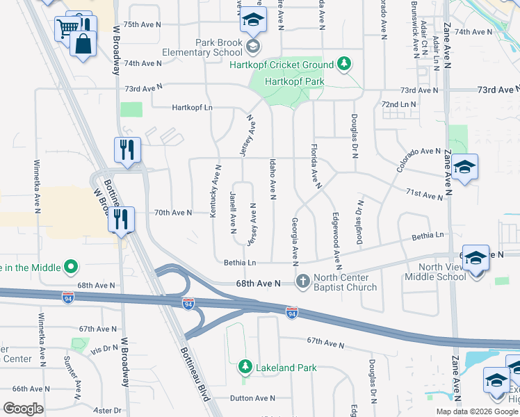 map of restaurants, bars, coffee shops, grocery stores, and more near 7009 Idaho Avenue North in Minneapolis