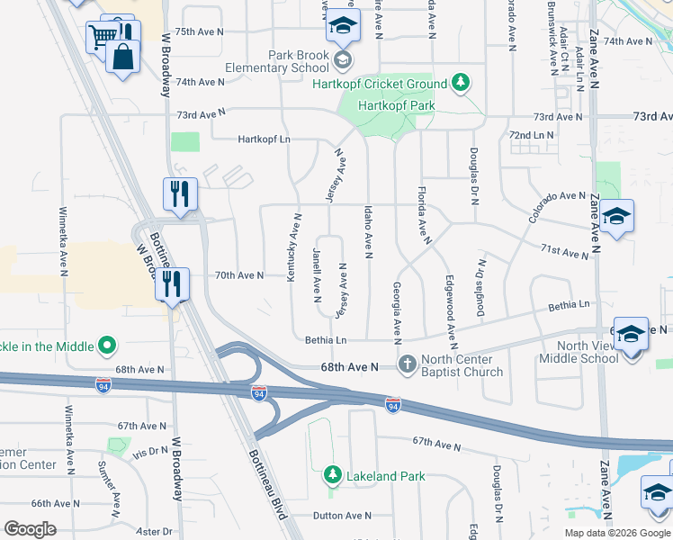 map of restaurants, bars, coffee shops, grocery stores, and more near 7008 Janell Avenue North in Minneapolis