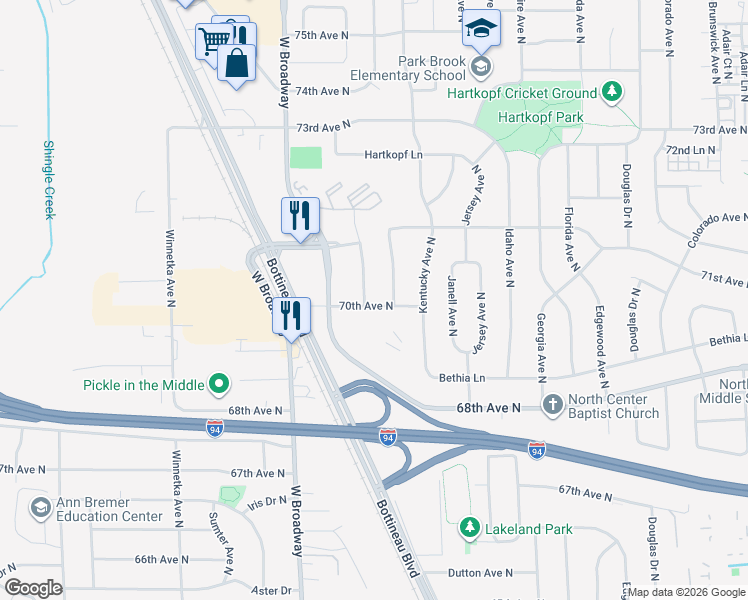 map of restaurants, bars, coffee shops, grocery stores, and more near 7017 Maryland Avenue North in Minneapolis