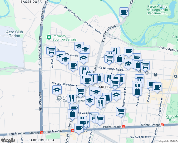 map of restaurants, bars, coffee shops, grocery stores, and more near 3-17 Via Pietro Cossa in Turin